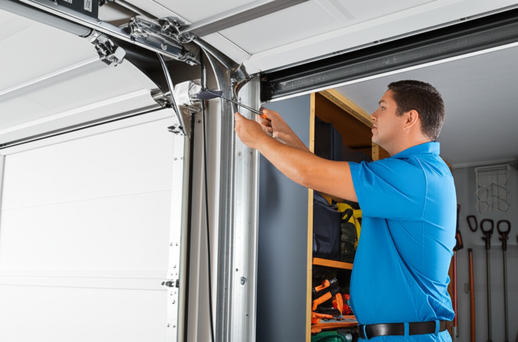 Technician repairing a garage door